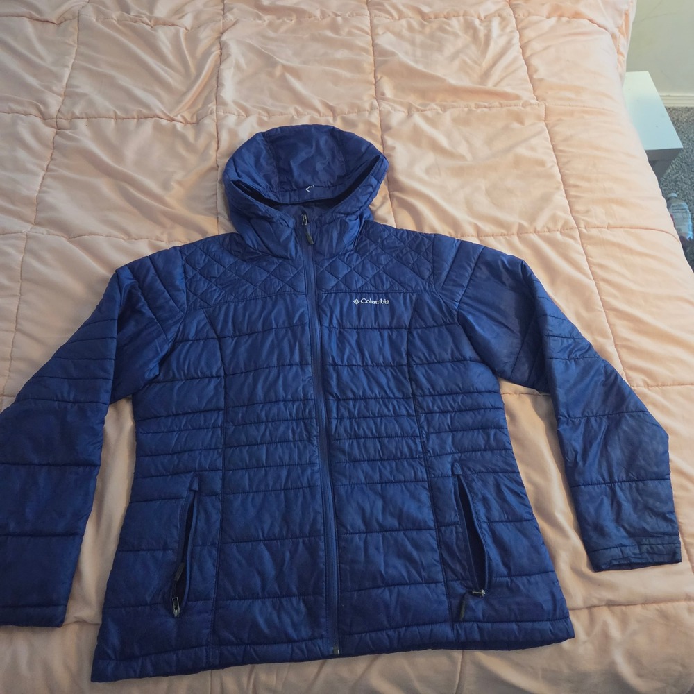 Columbia Blue Quilted Puffer Jacket Hooded Full Zip Womens XL Lightweight Warm